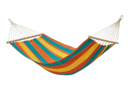 Colorful Striped Hammock with Wooden Bars and Ropes Against White Background, Evoking Relaxation and Outdoor Leisure
