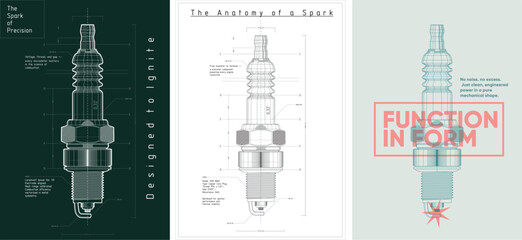 A poster featuring a spark plug drawn as a mechanical blueprint. Every thread, gap, and curve mapped with technical precision—ignition power visualized in pure geometric detail.