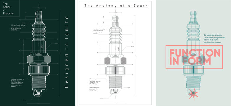 A poster featuring a spark plug drawn as a mechanical blueprint. Every thread, gap, and curve mapped with technical precision&mdash;ignition power visualized in pure geometric detail.