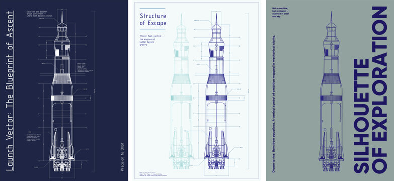 A poster illustrating a rocket as a precise engineering blueprint. A visual tribute to ambition, precision, and exploration—where math meets motion and design lifts off.