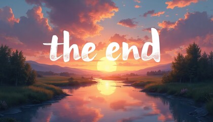 Scenic sunset over tranquil landscape symbolizes closure, completion, beginning new chapter. Generative AI art shows river, mountains, trees, sky, clouds. Peaceful serene atmosphere evokes calm.