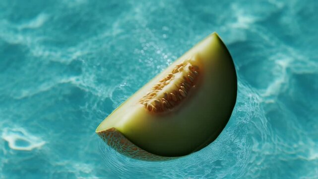Floating melon slice in clear blue pool water during sunny summer day