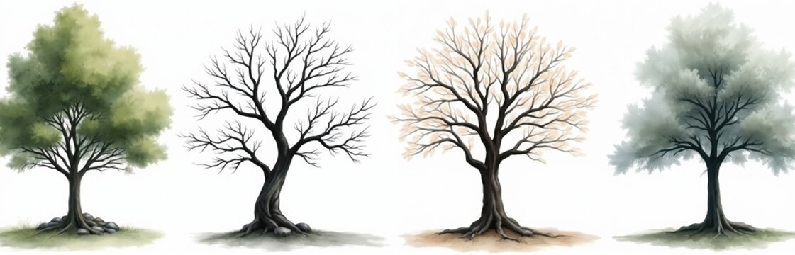 Watercolor artwork of four trees seasonal changes. Rich green foliage represents summer spring. Bare branches depict winter season. Subtle shading on white background. Art illustrates life cycle. Eco