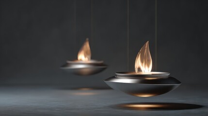 Diyas designed with sleek, metallic exteriors, hovering in mid-air, with soft electric light instead of fire