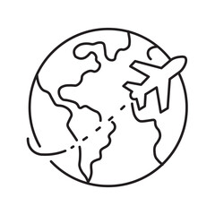 Airplane Flying Around Earth Globe Line Art Icon world