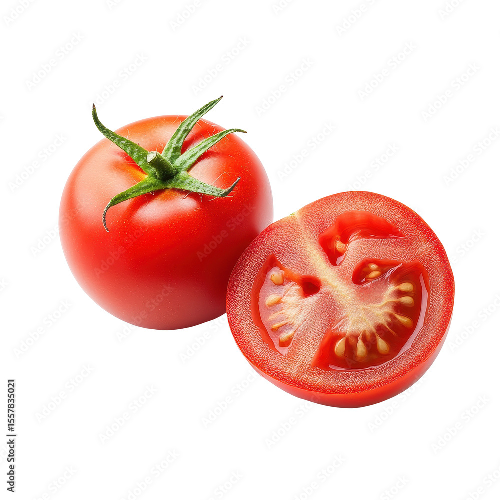 Poster fresh tomatoes displayed on a half isolated transparent background showcasing ripe color and texture