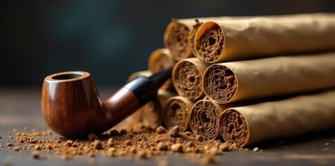 A pipe leaning against a stack of rolled tobacco , tobacco, natural, background
