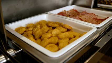 Chicken nuggets and bacon being served on buffet tray
