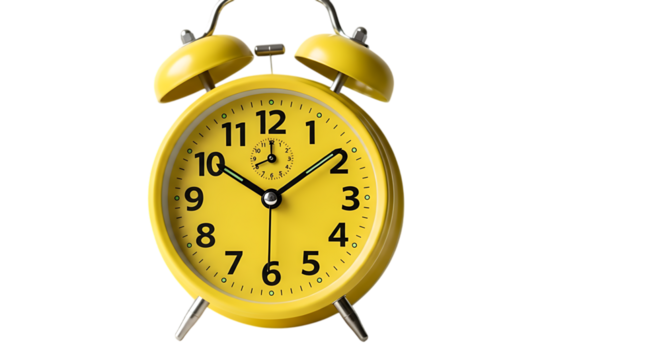 Classic yellow twin bell alarm clock isolated on transparent background