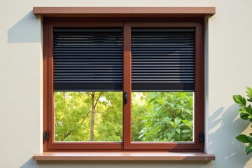 Brown plastic window with integrated black aluminum blinds , light control, window blinds