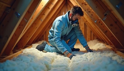 Skilled worker installs insulation in attic. Pro applies thermal control materials, improving energy efficiency, home renovation. Craftsman with respirator mask at work. Skilled home improvement