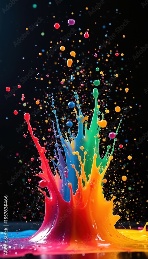 Aufkleber vibrant paint splash on black backdrop. rainbow color liquid droplets flow, create dynamic effect. c