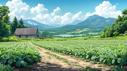 Rural landscape with farmhouse and field