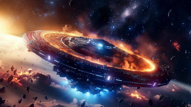 Space abstract si fi background with abstract spaceship in cosmos