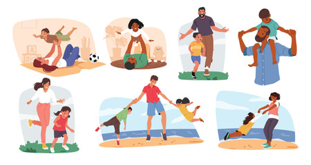 Happy parents enjoying bonding time playing funny games with lovely children isolated cartoon set