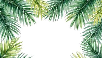 Watercolor illustration of tropical palm leaves frame on white background. Green foliage border design for wedding invitation, summer banner, tropical vibes, exotic theme, nature art.