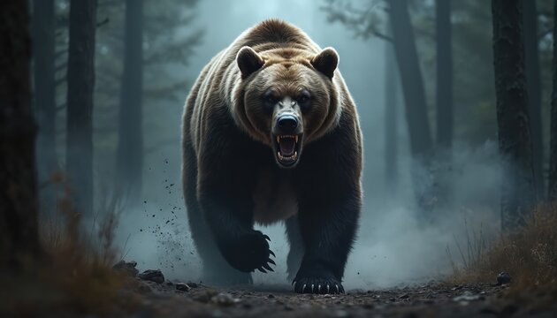 Illustration of angry grizzly bear charging towards viewer. Wild predator in forest taiga environment. Dangerous, large animal with fur. Brown bear in wilderness.