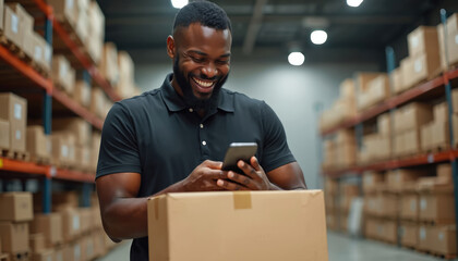 Happy African American man types on mobile phone. Smiling guy gets parcel from delivery transportation service, using smartphone. E-commerce, online shopping, courier, order, logistic, warehouse.