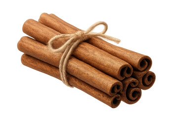 Cinnamon sticks bundled with twine, revealing warm brown hues and intricate bark-like texture against clean transparent backdrop