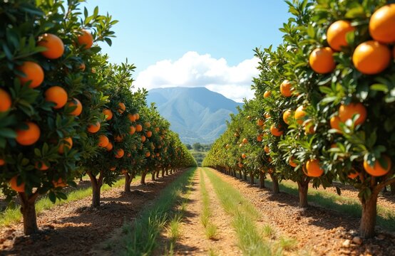 Picture-perfect orange grove trees laden with ripe oranges under clear blue sky. Rows of fruit trees with juicy oranges form vibrant landscape for agriculture, farming. Sunny day at harvest season.