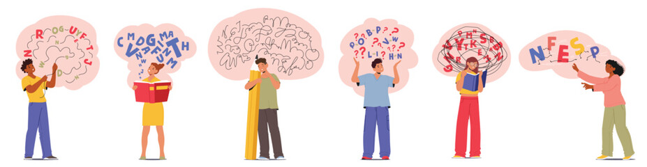 People cartoon characters with difficulties in learning and reading due to dysgraphia and dyslexia © Anna Syvak