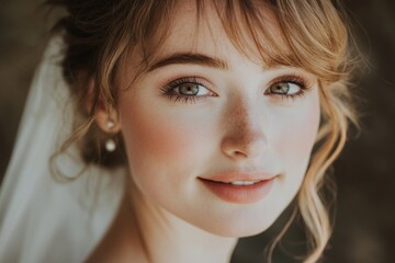 Portrait of a Beautiful Bride with Green Eyes, Freckles, and Soft Makeup, in Natural Light.