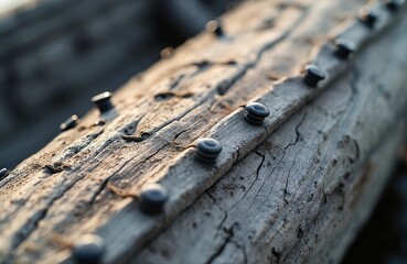 Fototapeta premium Close-up weathered wooden surface of historical longship, with detailed elements of aged wood. Shows traditional Scandinavian boat building, sea voyage, exploring, viking culture. Focus on texture,