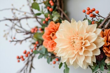 Close-up of Autumnal Floral Wreath with Dahlias, Berries, and Greenery on White Background