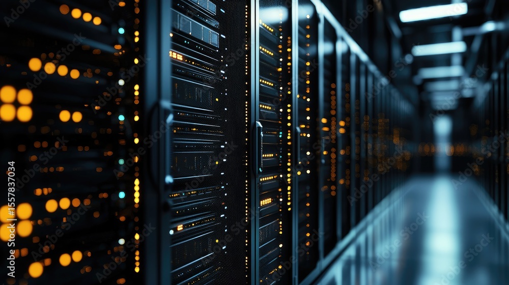 Poster Dark data center corridor with glowing amber server lights and sleek racks, ideal for cybersecurity visuals, data processing, and high-performance IT infrastructure themes