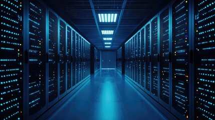 Futuristic blue-lit data center hallway with symmetrical glowing server racks and reflections on the floor, ideal for tech infrastructure, network security, and cloud computing visuals