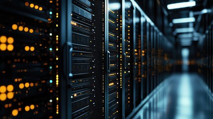 Dark data center corridor with glowing amber server lights and sleek racks, ideal for cybersecurity visuals, data processing, and high-performance IT infrastructure themes