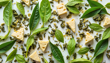 Cheese pieces arranged with fresh green leaves and herbs on white background  