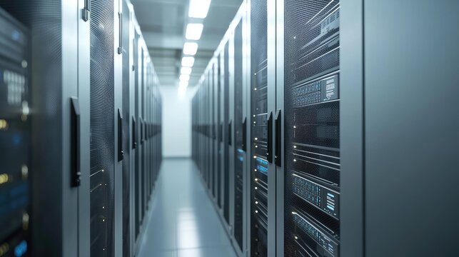 Modern server room with sleek black racks and neutral lighting in a realistic data center corridor, perfect for enterprise IT, secure hosting, and cloud infrastructure visuals
