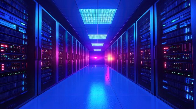 Vibrant neon-lit server room with glowing racks in pink and blue tones, ideal for futuristic cloud computing, digital storage, and modern tech infrastructure concepts