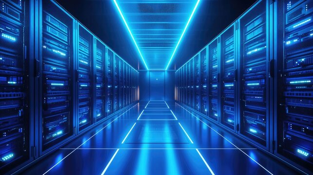 High-tech illuminated server corridor with glowing blue racks, modern floor panels, and digital ambiance, perfect for cloud technology, security, and infrastructure visuals - Powered by Adobe