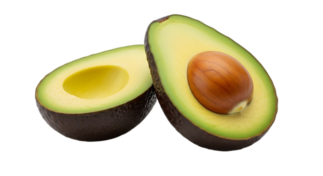 Fresh ripe avocado cut in half showing creamy flesh and large seed isolated on transparent background