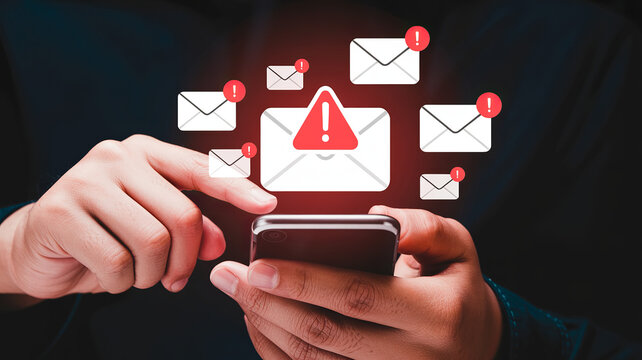 Smartphone Email Alert: A person's hand uses a smartphone, multiple email alerts appear with exclamation marks, indicating urgent notifications and potential issues.