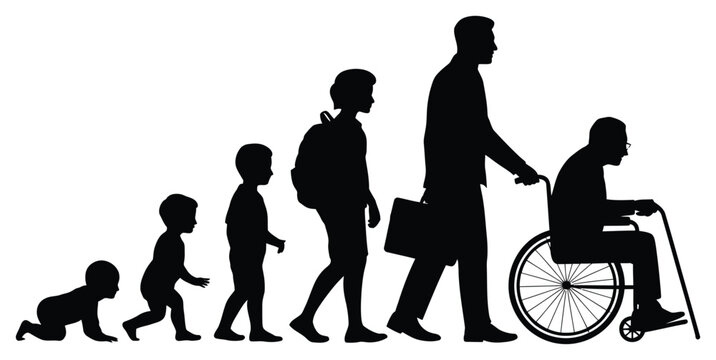 Silhouetted Figures Depicting the Stages of Life Baby, Child, Student, Adult, Elderly Person