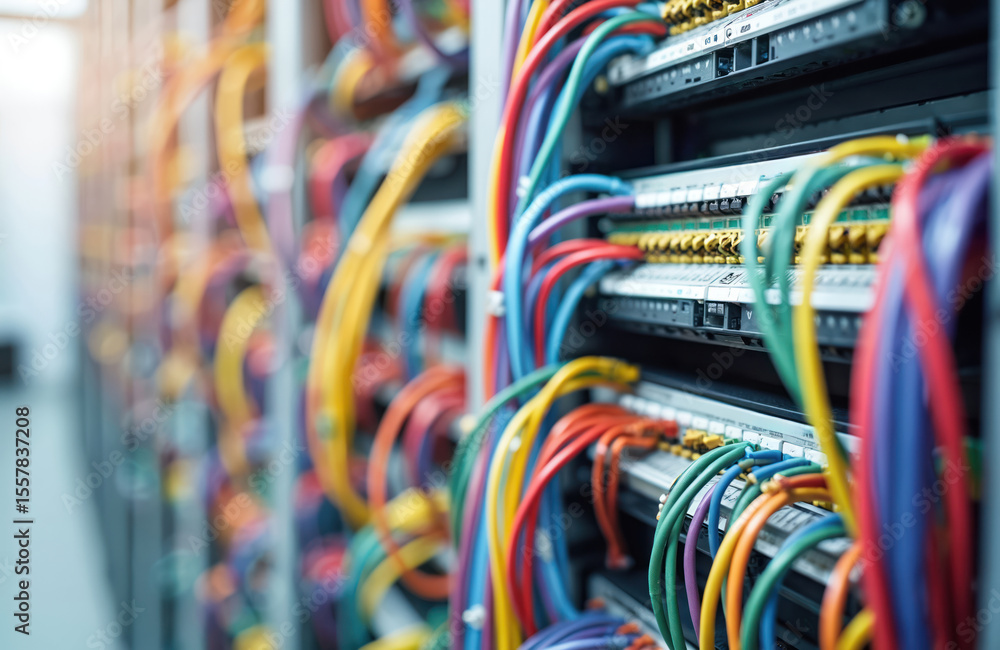 Poster modern server rack with patch panel and colorful network cables. data center infrastructure, technol