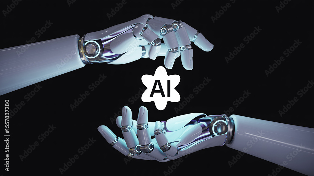 Poster ai hands: an artistic image showing two robot hands interacting with a logo of ai, against a dark ba
