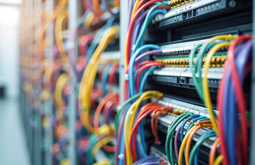 Modern server rack with patch panel and colorful network cables. Data center infrastructure, technology, communication concept. Cloud computing, internet, data storage, digital world.