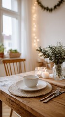 Small Wooden Dining Table with Mismatched Tableware, Candles, and Shared Vegetables in Cozy Minimalist Room