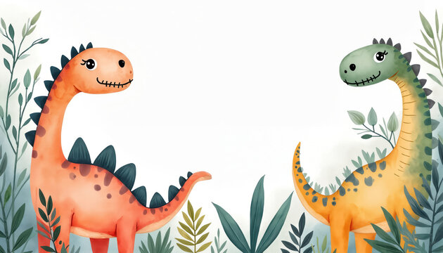 Watercolor frame with cute dinosaurs, plants. Template for birthday invitation, greeting card, banner with copy space. Prehistoric cartoon dinosaurs, floral watercolor background ideal for kid