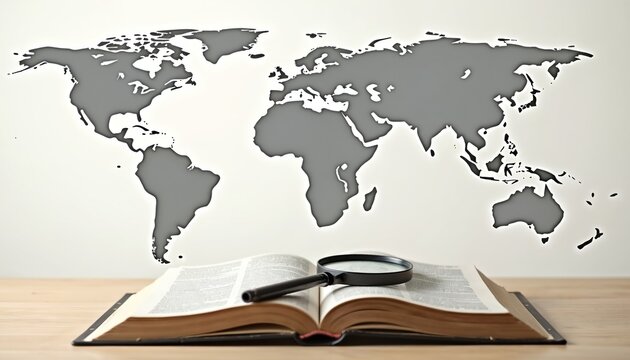 Open Bible book on wooden table with world map, magnifying glass. Exploring biblical texts with global context, magnifying glass symbolises close examination. Holy scripture for travel, knowledge,