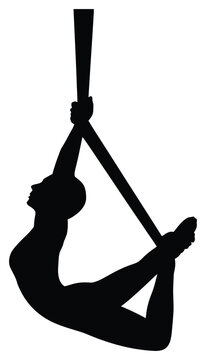 Aerialist Silhouette Female Performer Suspended from Fabric, Performing Flexibility and Strength on White Background