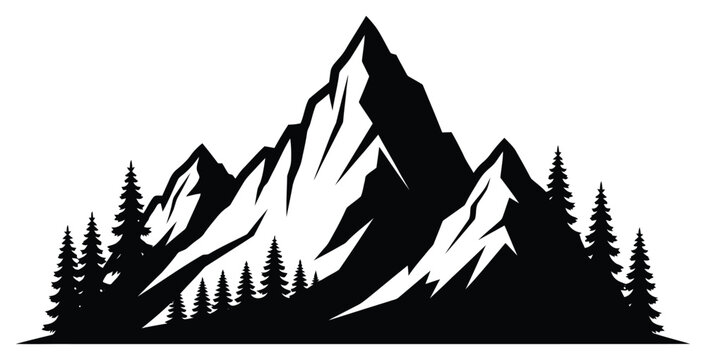 Black and White Mountain Range Silhouette with Pine Trees Forest Illustration