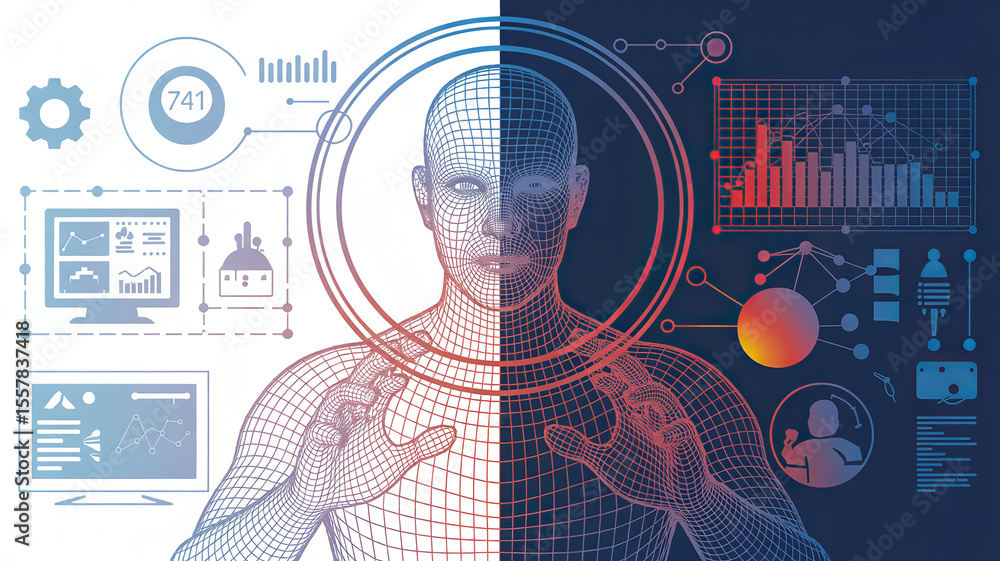 Aufkleber digital mind: a futuristic digital representation of a human mind, split between cool and warm tones