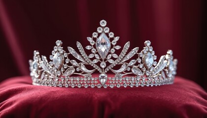 Obraz premium Elegant diamond tiara rests on burgundy velvet cushion. Regal royal accessory shines with intricate details. Luxury jewelry, symbol of royalty, tradition, celebration. Fashion accessory for special