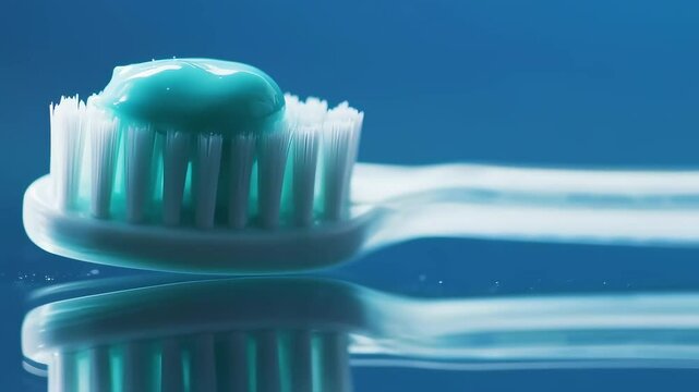 Closeup of a white toothbrush and neon blue toothpaste over its bristles in a blue glass background