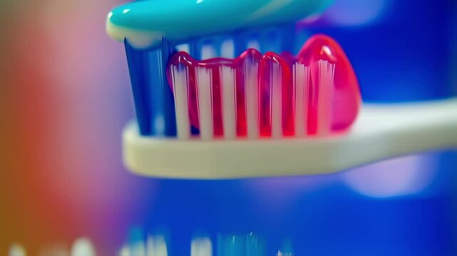 Closeup of toothpaste spreading over a white toothbrush in a white background